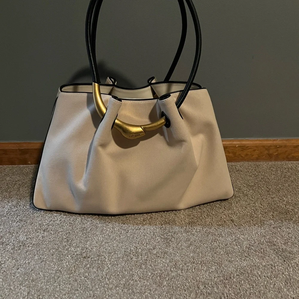 cult gaia Beige Shoulder Bag with Black Handles and Gold Accent - Picture 8 of 14